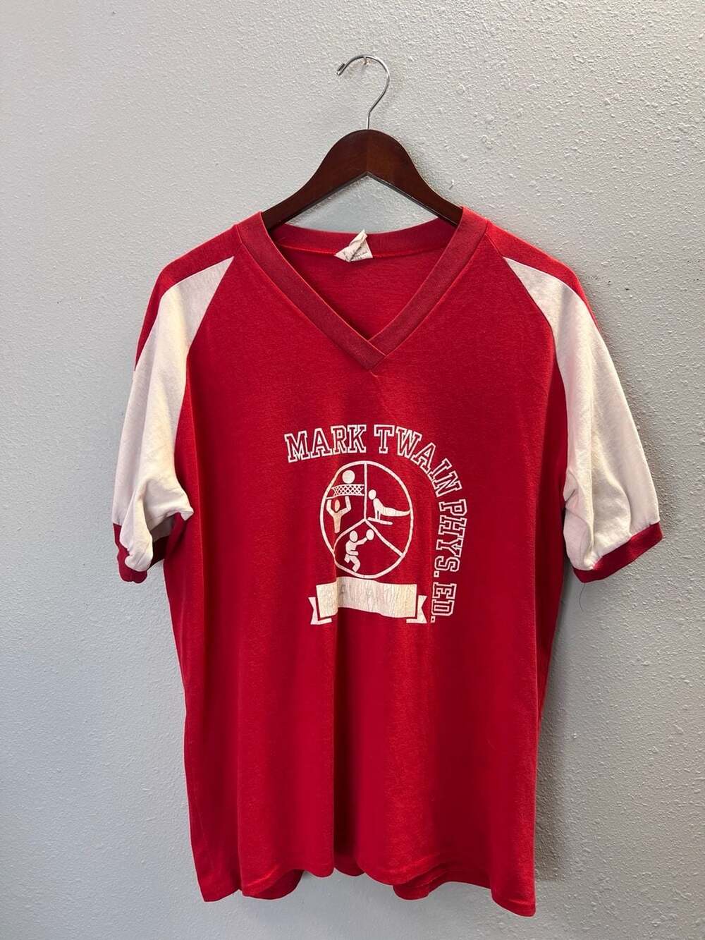 Vintage 70s Mark Twain Phys Ed V-Neck Jersey Shirt XL Single Stitch USA 0544